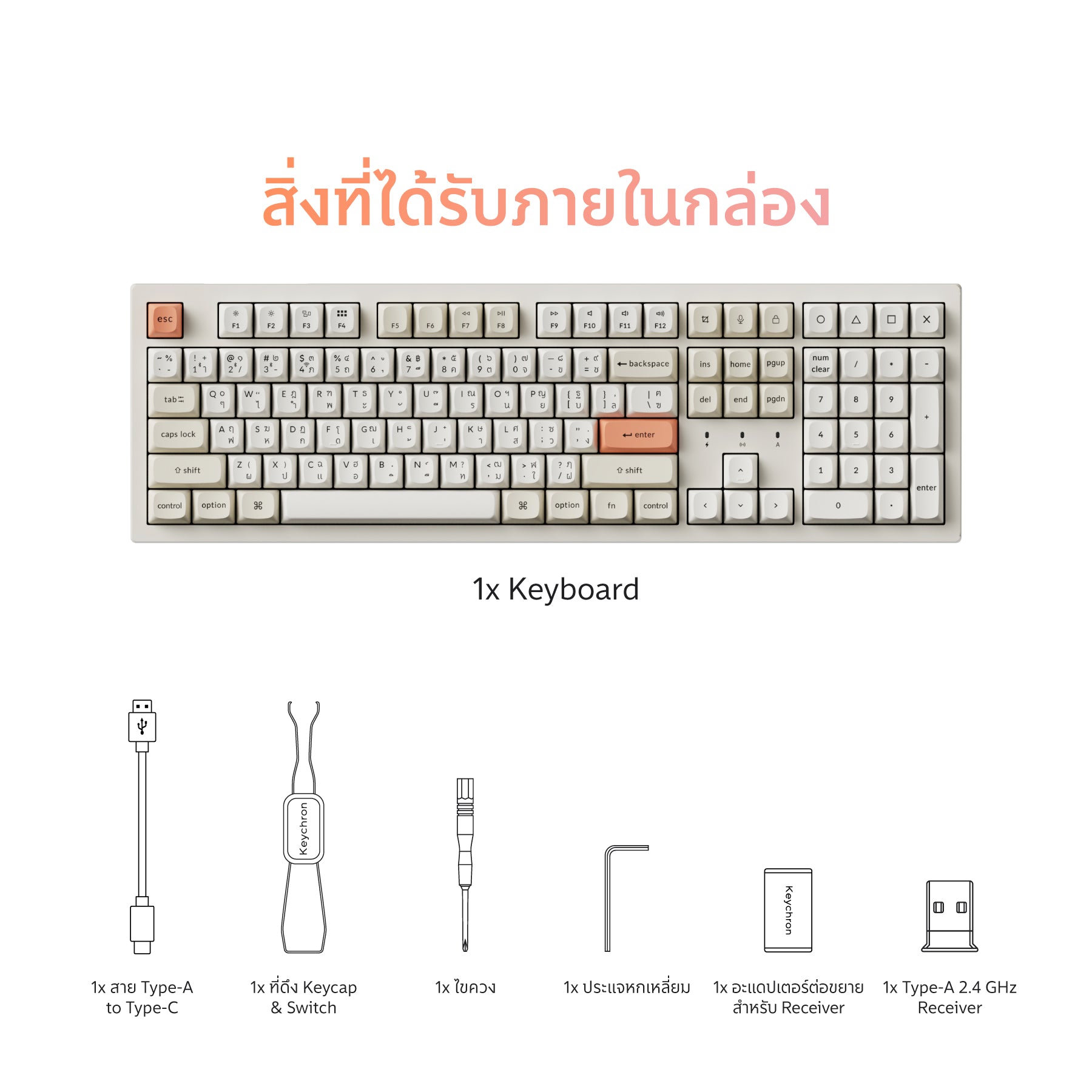 อุปกรณ์ภายในกล่อง Keychron K10 ZMK Silent Wireless Mechanical Keyboard